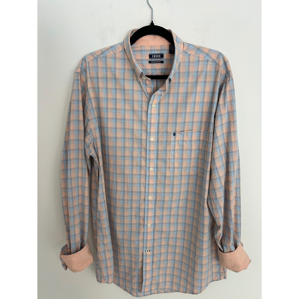 IZOD Mens Premium Essentials Plaid Button Down Shirt Orange Blue Logo Medium